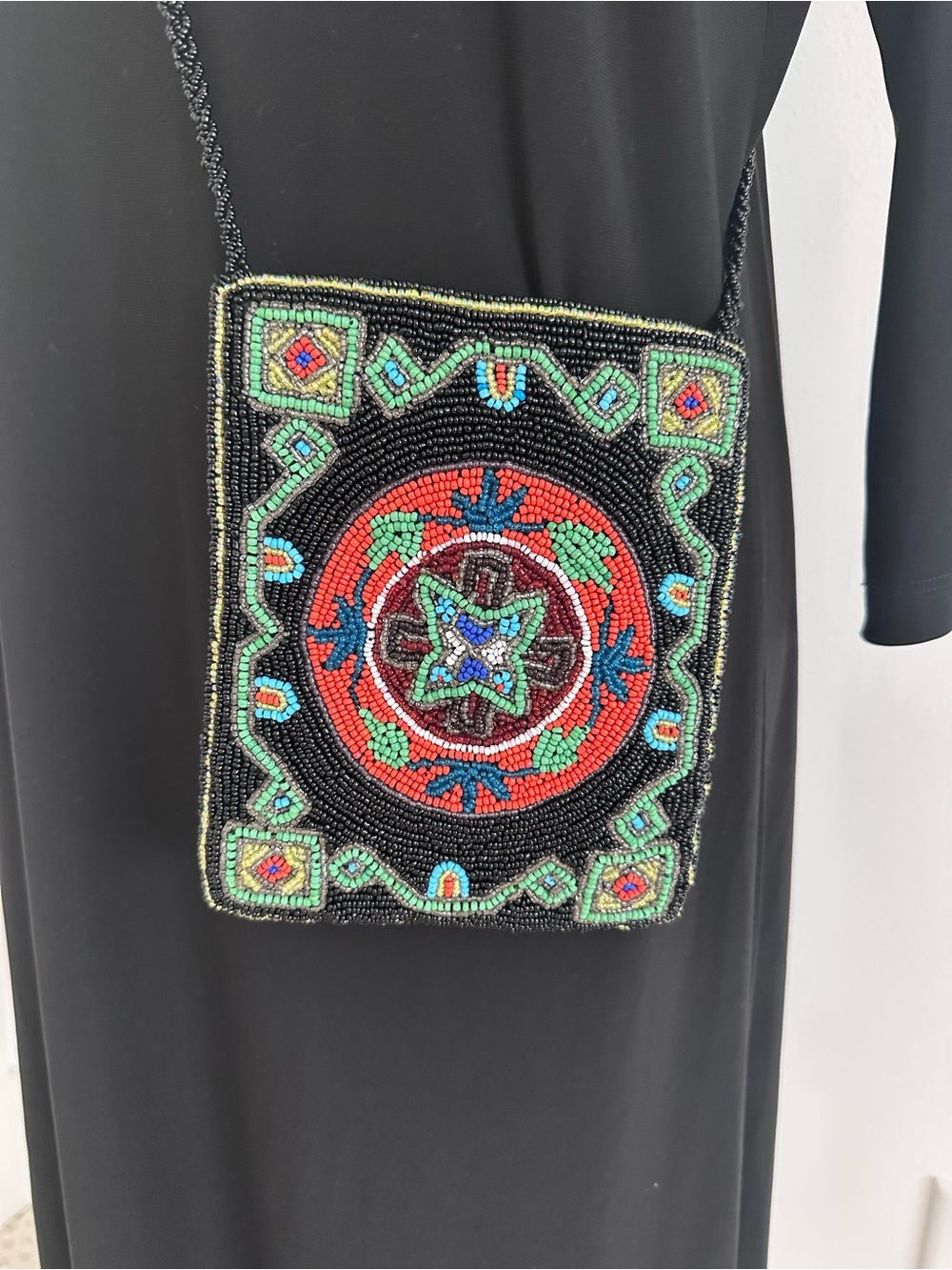 Christina Beaded Crossbody Bag with Red and Green Southwestern Pattern Beads